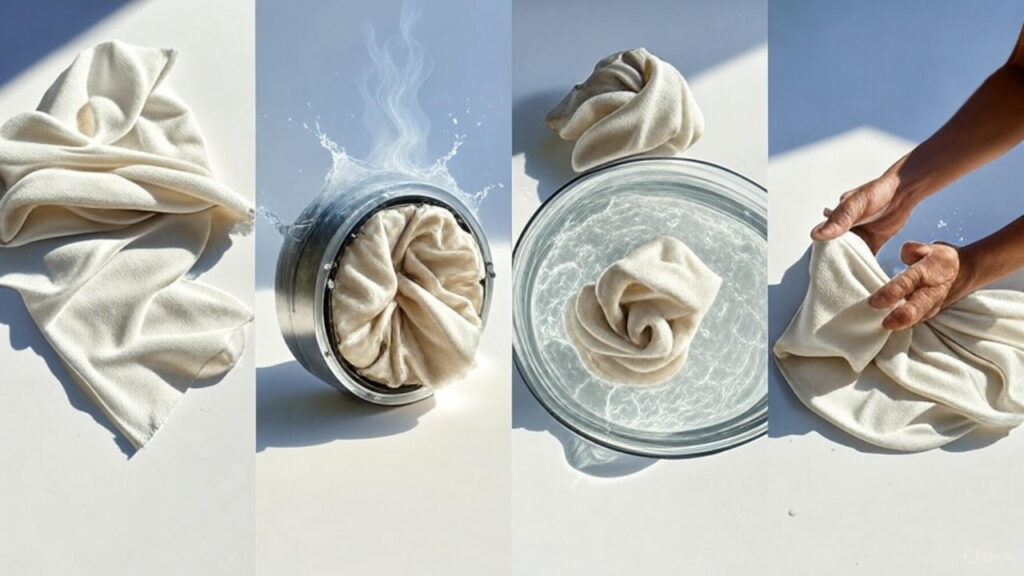 Viscose fabric: original → shrunken by hot wash/dry → soaked in cool water → stretched back to smooth (4 panels)