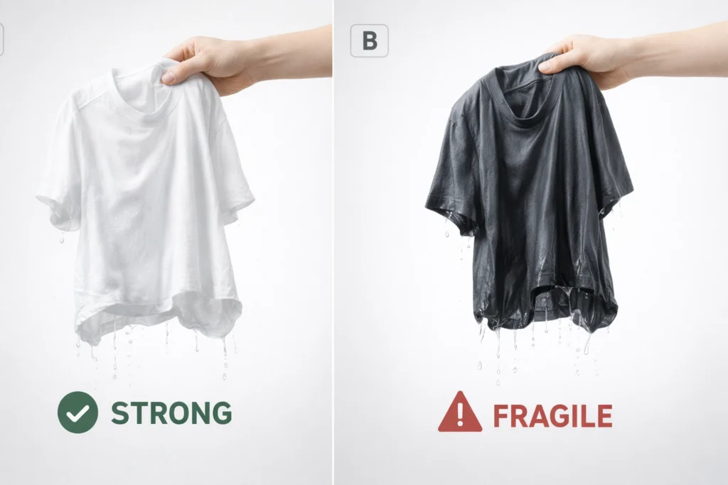 Instructional infographic showing cotton maintaining shape when wet vs viscose stretching and losing structural integrity.
