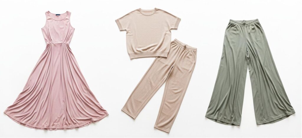 Flat-lay of viscose dress, lounge set, and wide-leg trousers.