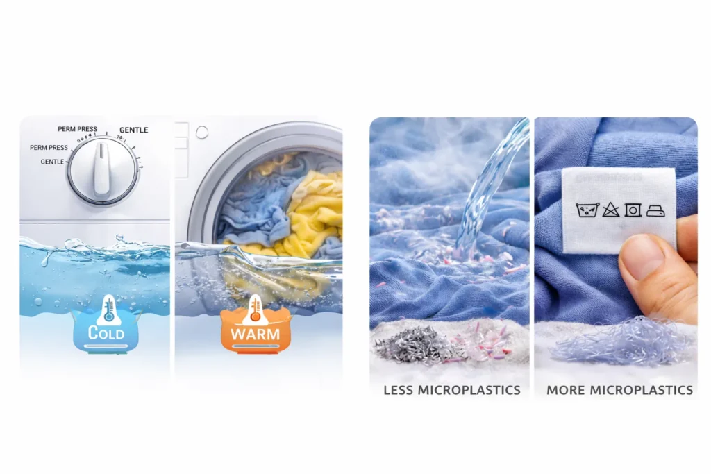 Polyester clothes naturally being washed in cold and warm water, showing proper care and fabric protection methods.