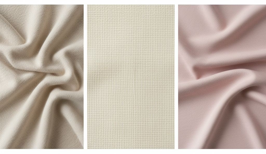 Side-by-side close-up textures of viscose fabrics: a stretchy knit, a structured woven pattern, and a soft drapey blend
