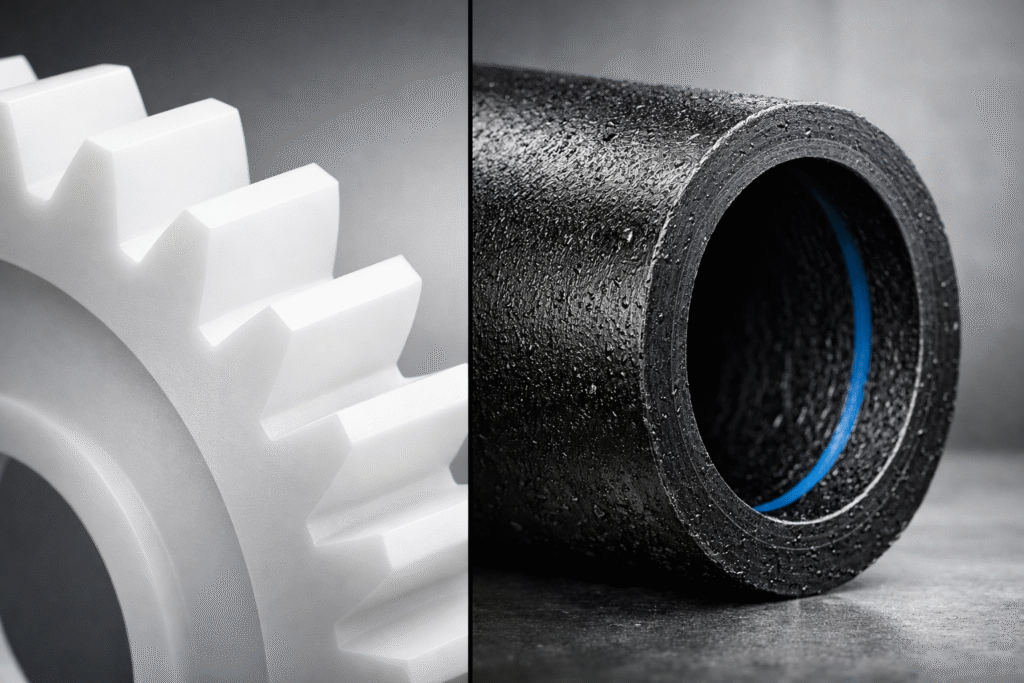 Comparison of a precision-machined Delrin gear and a durable HDPE pipe section highlighting differences in engineering tolerances and material texture