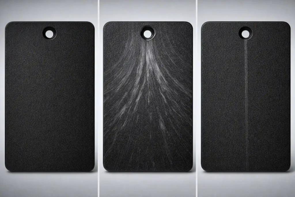 Macro photo comparison of injection molding defects in Nylon 6,6: Perfect part vs. Splay/moisture streaks vs. Knit line/cold flow defects.