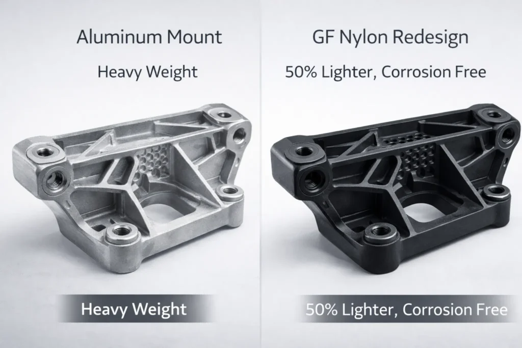 Split-screen comparison of an aluminum motor mount bracket versus a matte black Glass Filled Nylon redesign showing lightweighting and corrosion resistance.