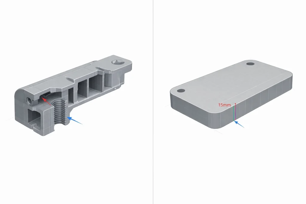 3D CAD rendering comparing part features: injection molding supports undercuts and fine ribs, while compression molding handles thick walls with simple angles.