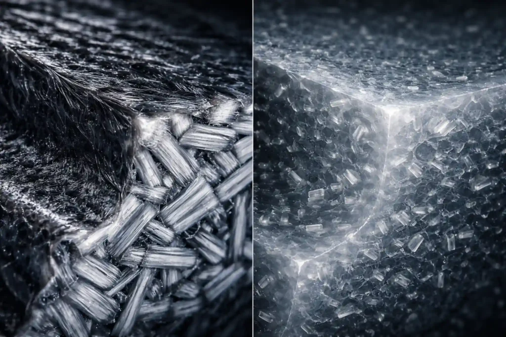 Heat deflection comparison: Compression-molded SMC part shows 0% warpage, while the injection-molded part shows 4.5% warpage at high heat.