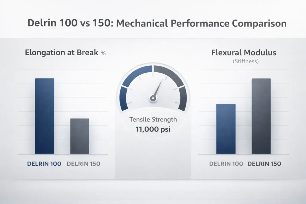 Mechanical datasheet infographic comparing Delrin 100 and 150 tensile strength, elongation, and flexural modulus.