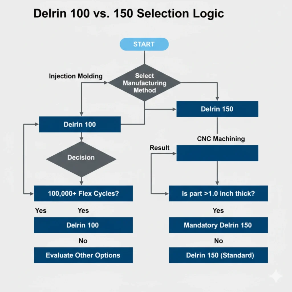Engineering flowchart for choosing between Delrin 100 and 150 based on thickness, flex cycles, and manufacturing method.