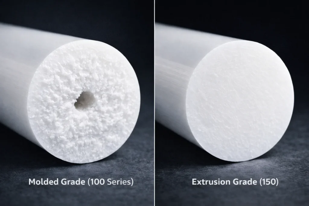 Macro cross-section comparison showing porous centerline void in Delrin 100 rod versus solid dense core in Delrin 150 extrusion.