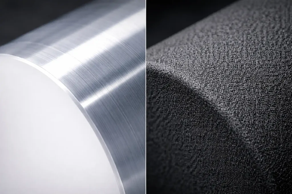 Macro comparison of a smooth mirror-finish machined Delrin surface versus a granular matte 3D-printed SLS Nylon texture.