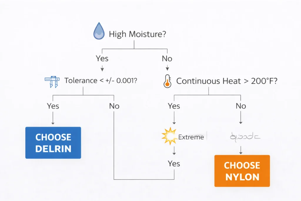 Engineering decision tree flowchart for selecting between Delrin and Nylon based on moisture, tolerance, heat, and impact requirements.