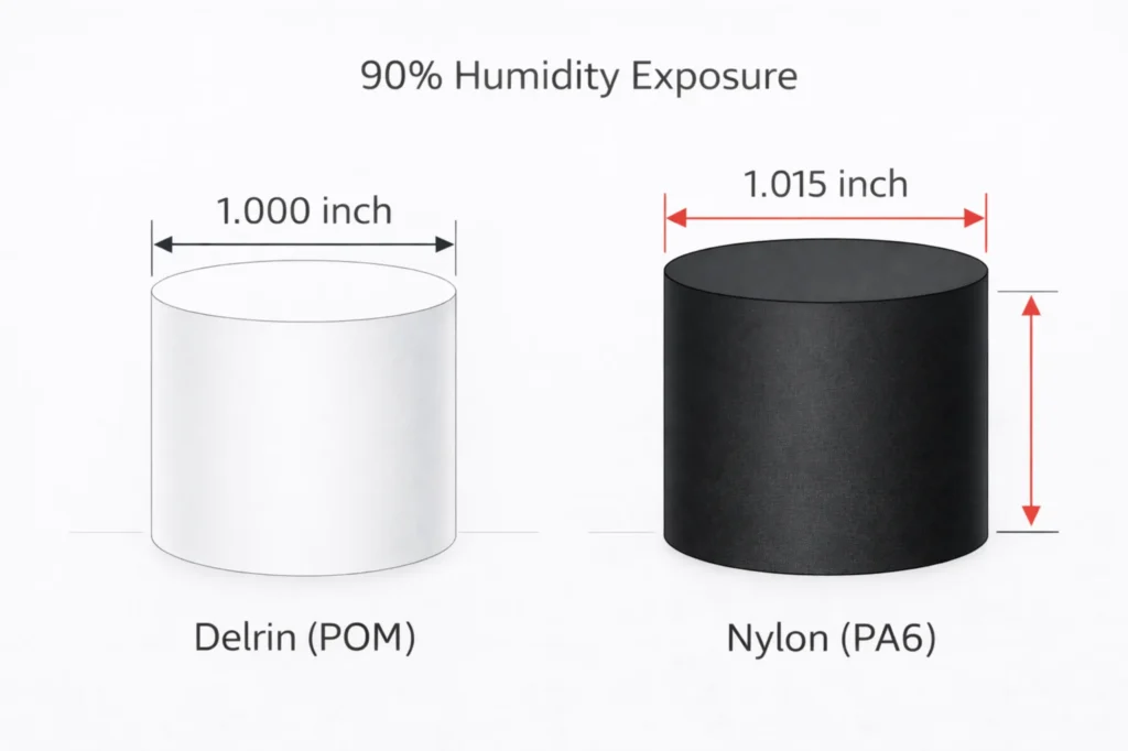 Engineering schematic showing dimensional growth of Nylon to 1.015 inches versus the stable 1.000 inch dimension of Delrin in high humidity.