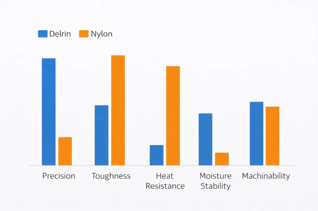 Side-by-side bar chart comparing Delrin and Nylon performance in precision, toughness, heat, moisture, and machining.