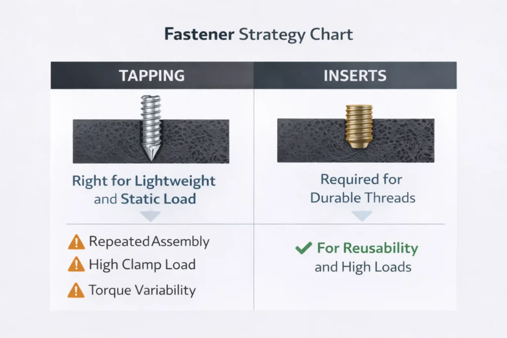 Fastener strategy chart for Glass Filled Nylon showing when to use direct tapping versus threaded inserts for repeat assembly and high clamp loads.