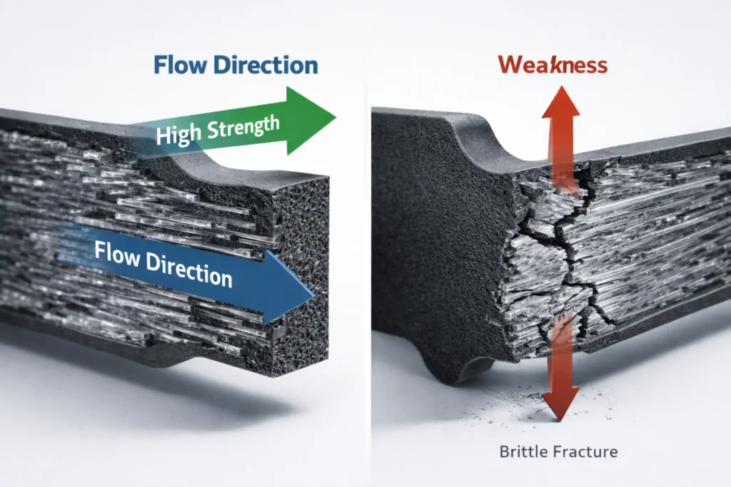 Glass Filled Nylon cutaway diagram showing fiber alignment along flow direction and brittle fracture weakness across fibers