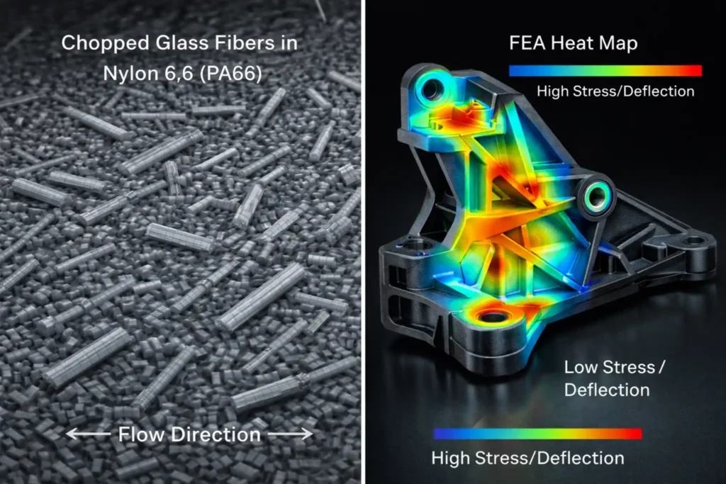 Split image showing a microscopic view of glass fiber orientation in PA66 on the left, and an FEA heat map of an engine bracket demonstrating reduced deflection under load on the right.
