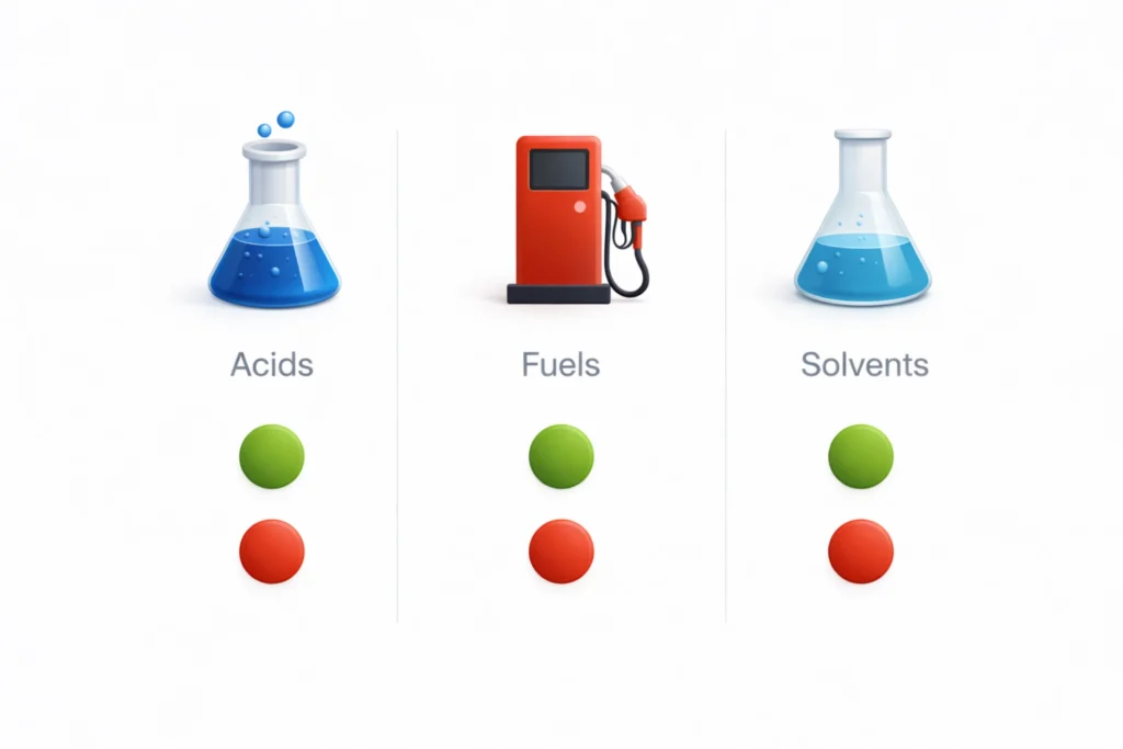 A color-coded chemical resistance heatmap graphic showing compatibility for acids, fuels, and solvents in industrial plastics.