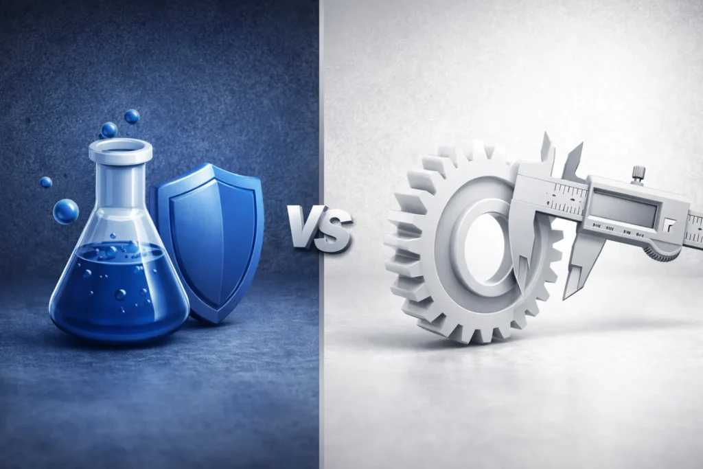 Horizontal decision matrix banner comparing HDPE chemical and impact properties vs Delrin precision gear and mechanical properties.