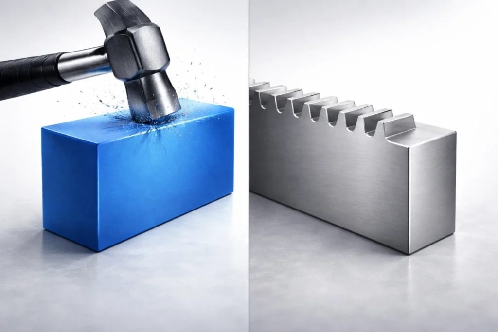 A high-contrast 2D infographic comparing the performance peaks of HDPE (Blue) and Delrin (Silver).