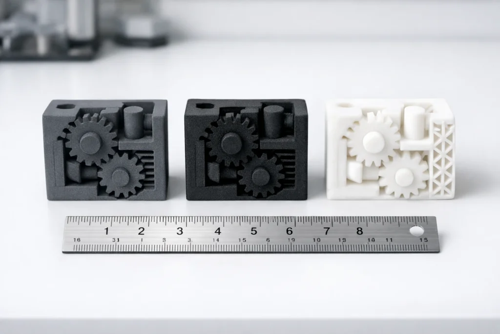 High-resolution gallery of 3D printed materials including MJF PA12, Carbon-fiber reinforced SLS nylon, and flexible TPU with an engineering ruler for scale