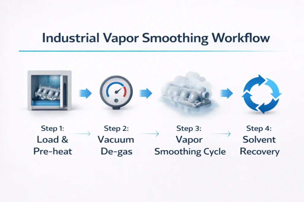 Four-step industrial workflow diagram for nylon vapor smoothing: Loading, Vacuum Heating, Vapor Cycle, and Solvent Recovery.