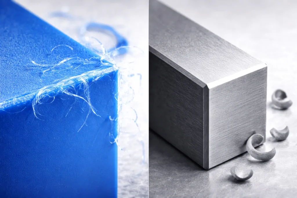 Extreme macro photograph comparing the rough, burred surface of a machined HDPE part with the clean, sharp edge of a Delrin component.