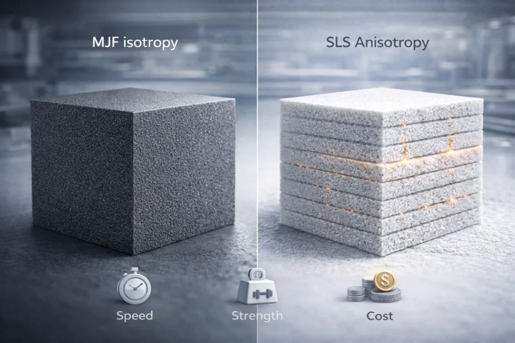 A 3D cross-section comparison showing the homogenous internal fusion of MJF 3D printing versus the layered, anisotropic structure of SLS 3D printing.