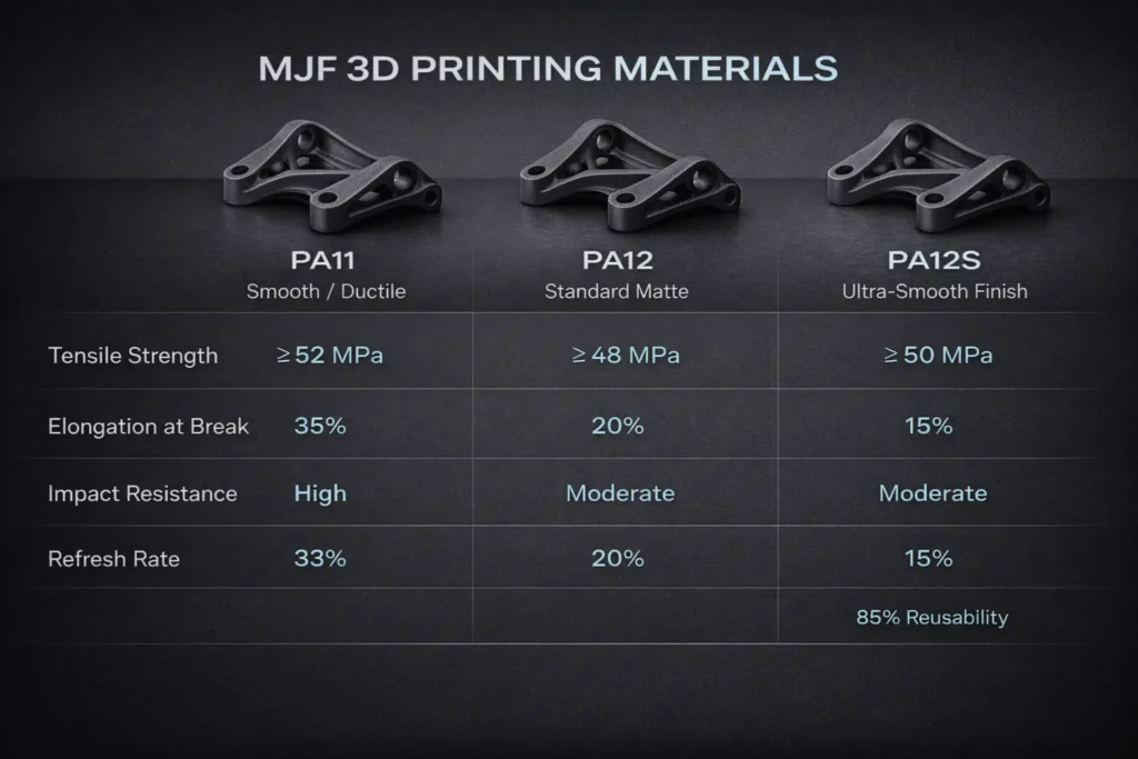 Technical comparison table of MJF Nylon grades PA11, PA12, and PA12S showing tensile strength, impact resistance, and 85% powder reusability metrics.
