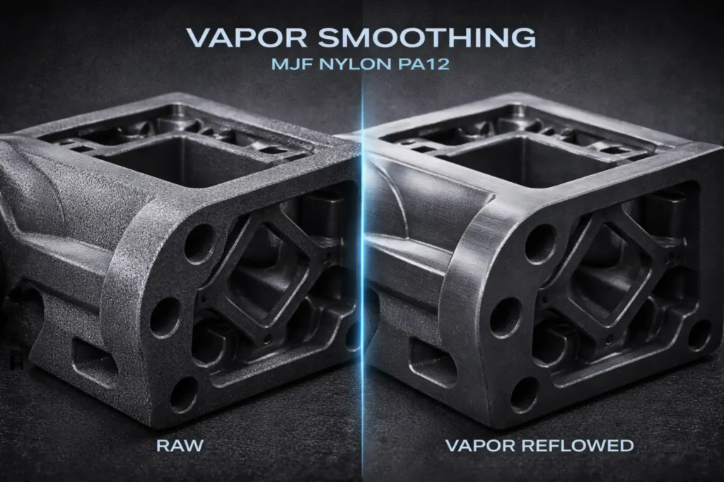 Macro comparison of MJF Nylon surface texture before and after vapor smoothing, showing the transition from porous grain to a sealed, injection-molded finish.