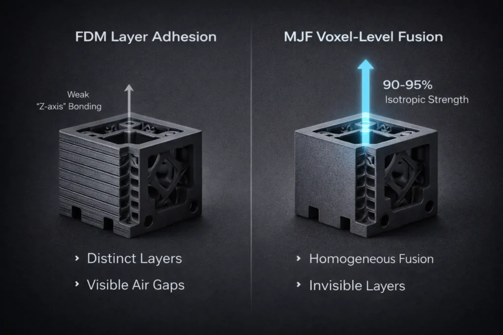 3D technical diagram comparing FDM layer weakness to MJF voxel-level fusion, showing 95% isotropic strength in the Z-axis.