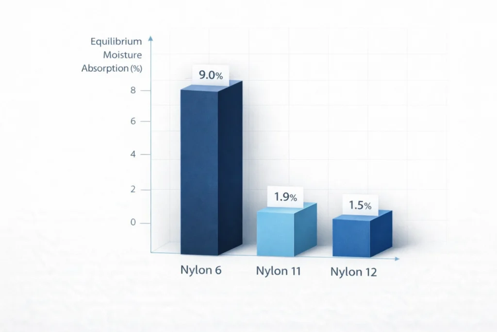 Bar chart comparing moisture absorption rates of Nylon 6 at 9.0%, Nylon 11 at 1.9%, and Nylon 12 at 1.5%, highlighting PA11's superior dimensional stability.