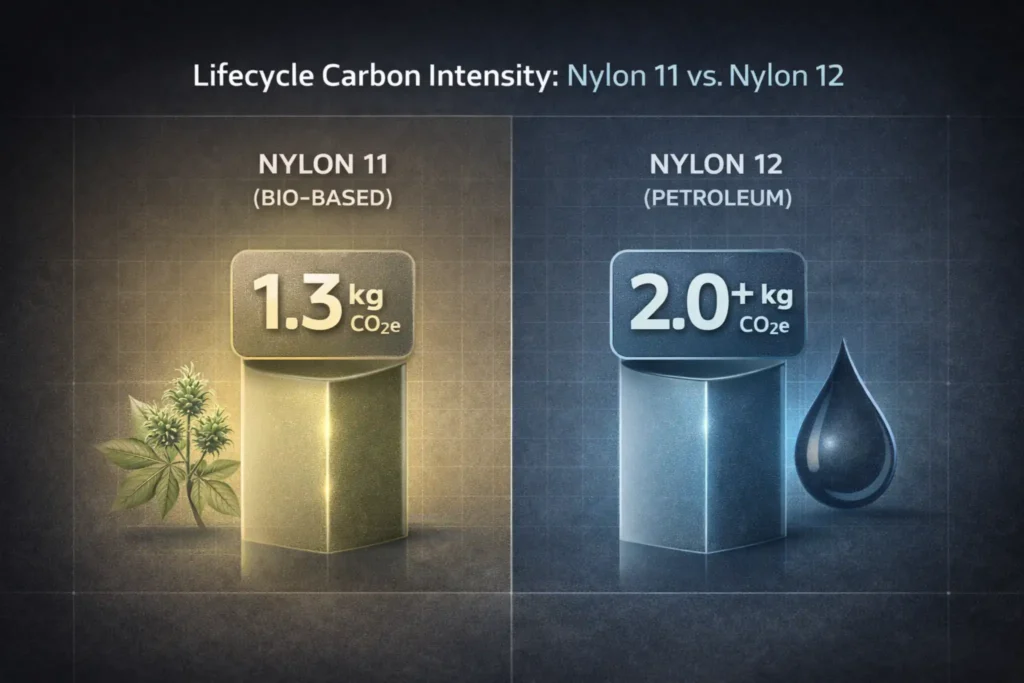 Technical comparison banner showing 2026 lifecycle carbon emissions: Nylon 11 at 1.3 kg CO2e per kg (bio-based) versus Nylon 12 at 2.0+ kg CO2e per kg (petroleum-based).