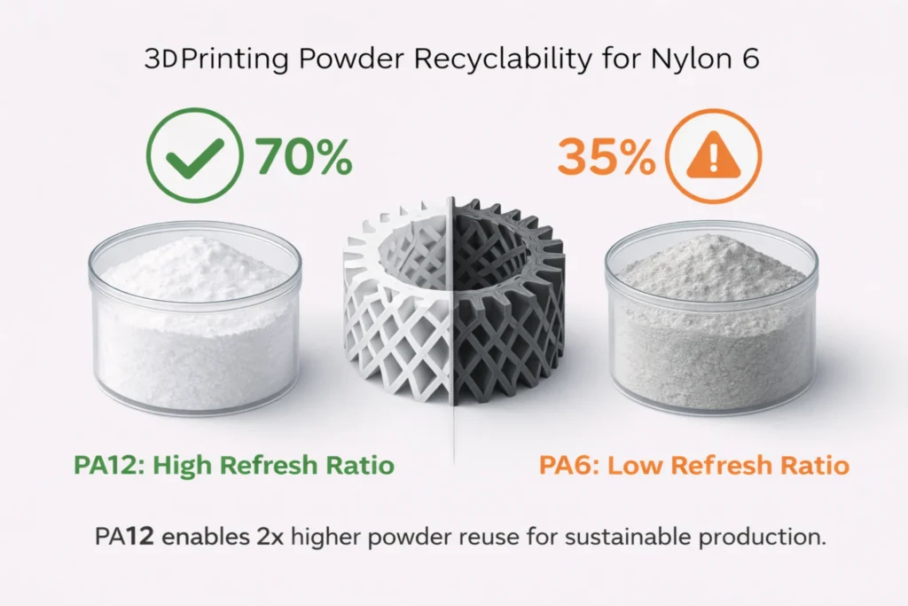 Technical infographic comparing 3D printing powder refresh ratios showing PA12 at 70 percent recyclability versus PA6 at 35 percent for MJF and SLS processes.