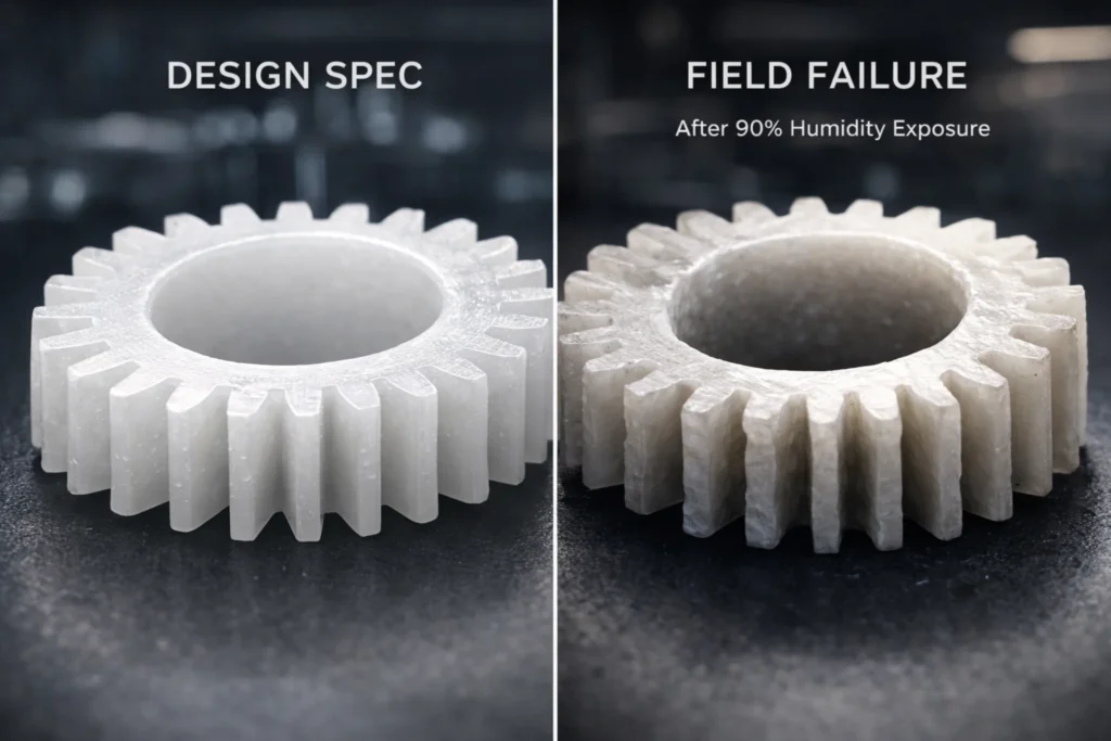 A side-by-side technical comparison showing a new Nylon 6 gear versus a failed, swollen gear distorted by 90 percent humidity exposure in a field environment.