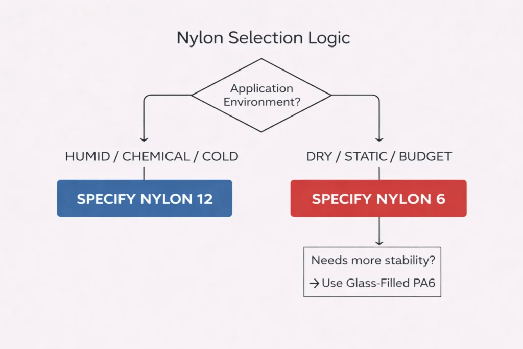 Technical decision tree flowchart for selecting between Nylon 6 and Nylon 12 based on humidity, chemical exposure, and budget requirements