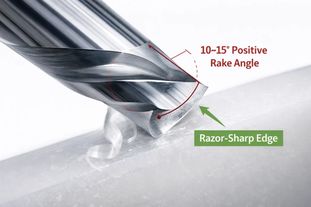 Close-up 3D render of a polished carbide end mill showing the 10 to 15 degree positive rake angle required for effective nylon machining