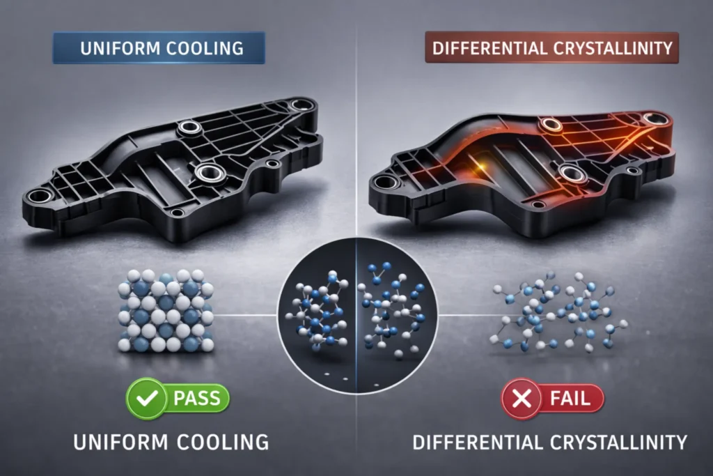 Technical split-screen comparison showing how uniform cooling leads to straight nylon parts while differential crystallinity causes significant warpage