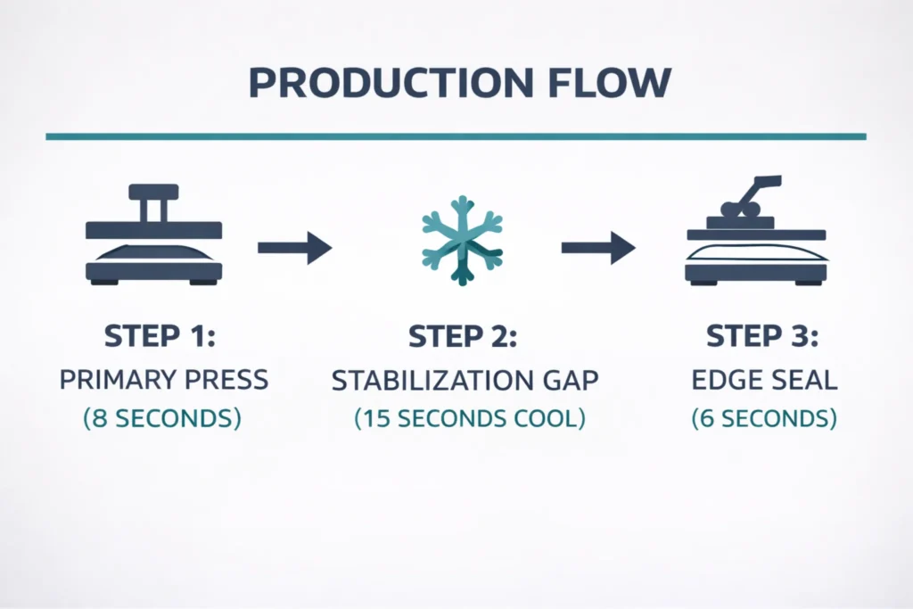 A horizontal 3-step timeline diagram showing the dual-press cycle for nylon: 8-second primary press, 15-second cooling interval, and 6-second final seal press.