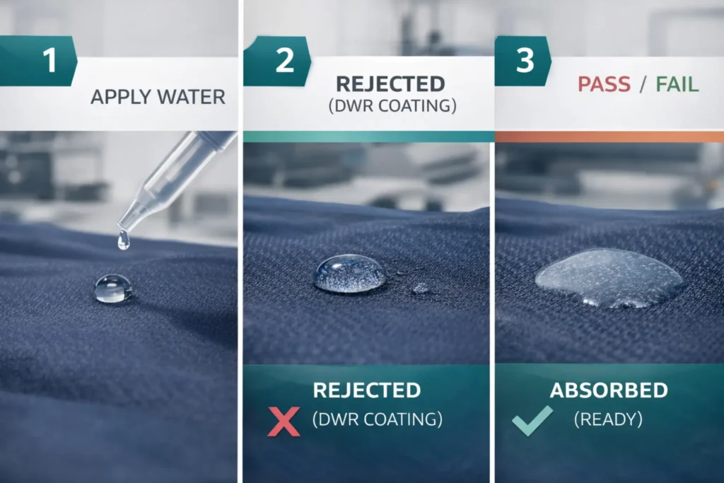 A three-step technical infographic showing how to perform a water drop test on nylon to check for DWR coatings before heat pressing
