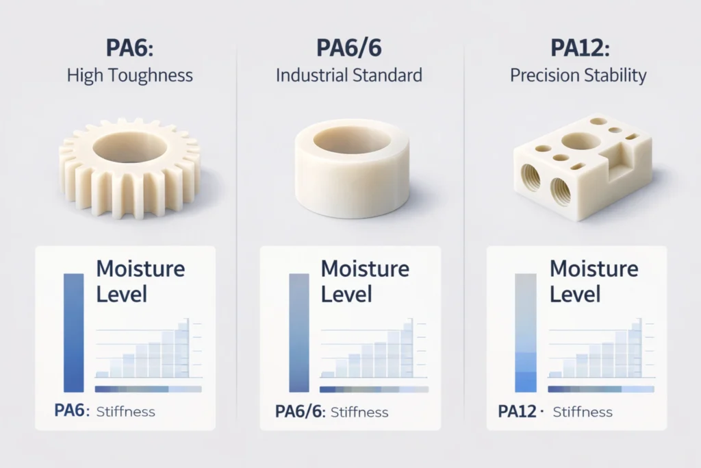Infographic comparing Nylon 6, Nylon 6/6, and Nylon 12 by toughness, stability, moisture level, and stiffness.