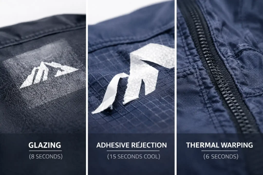 A diagnostic gallery showing common nylon heat press failures: surface glazing from high heat, adhesive rejection on DWR coatings, and melted seams