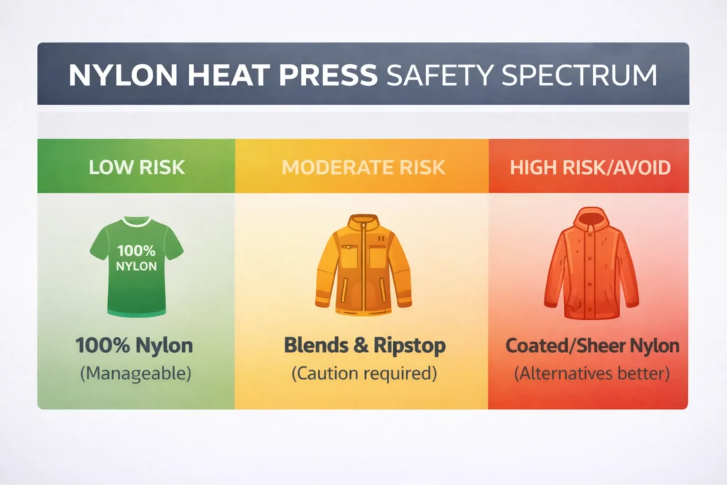 A color-coded safety spectrum chart for heat pressing nylon, ranging from low risk 100% nylon to high-risk coated sheer fabrics