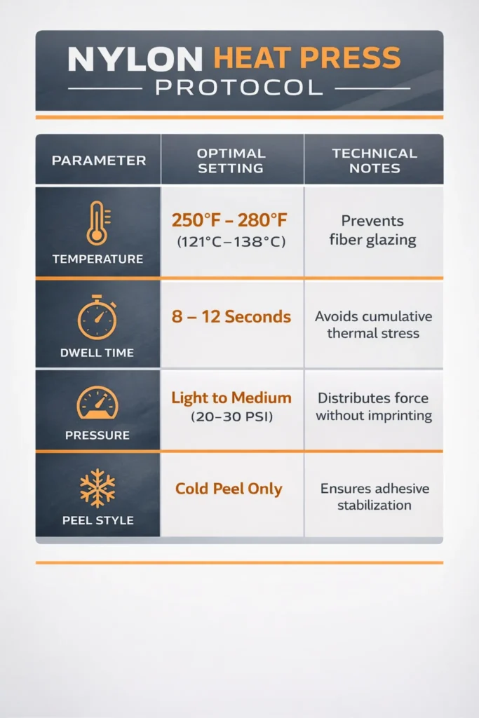 A technical summary chart for heat pressing nylon, detailing safe temperatures (250-280°F), light-to-medium pressure, and 8-12 second dwell times.