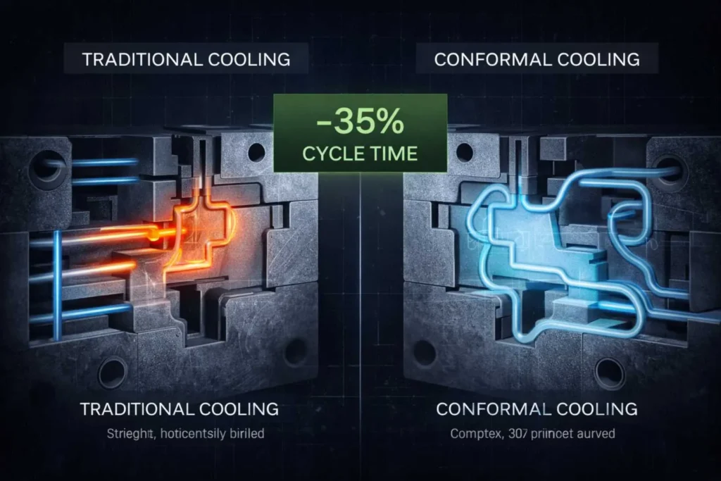 Technical cross-section comparison between traditional straight-drilled cooling and 3D-printed conformal cooling for nylon injection molding