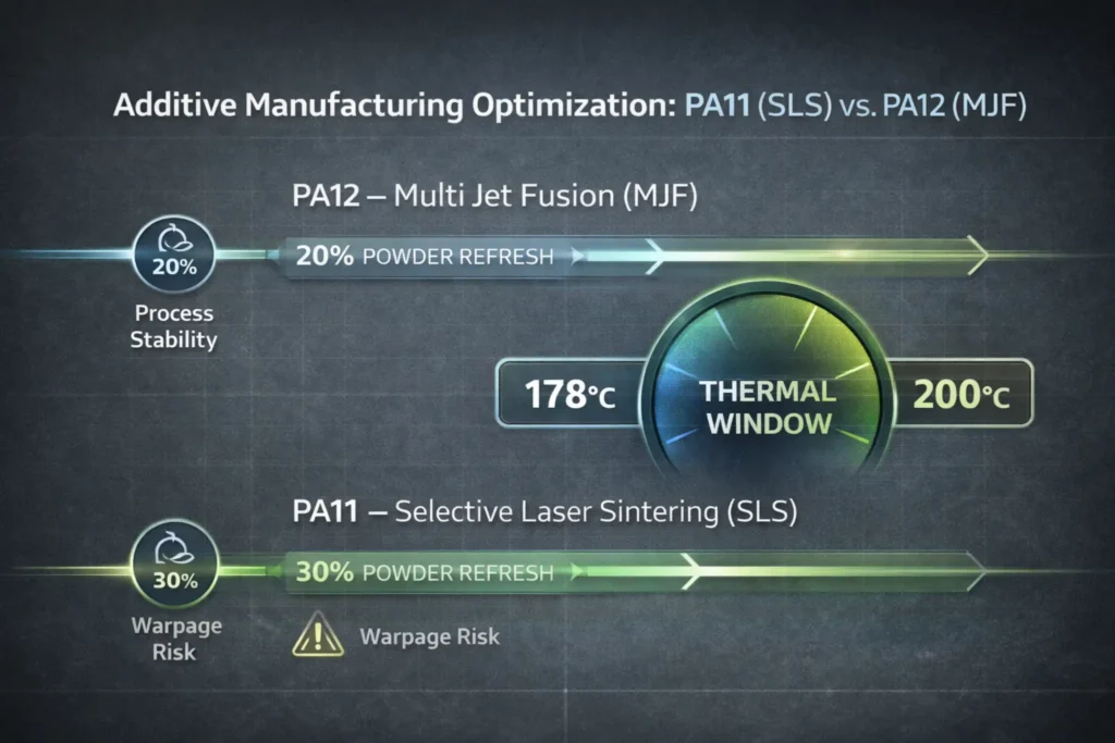 A horizontal technical flow diagram comparing SLS 3D printing for Nylon 11 and MJF for Nylon 12, detailing 20 percent and 30 percent powder refresh rates and thermal windows."