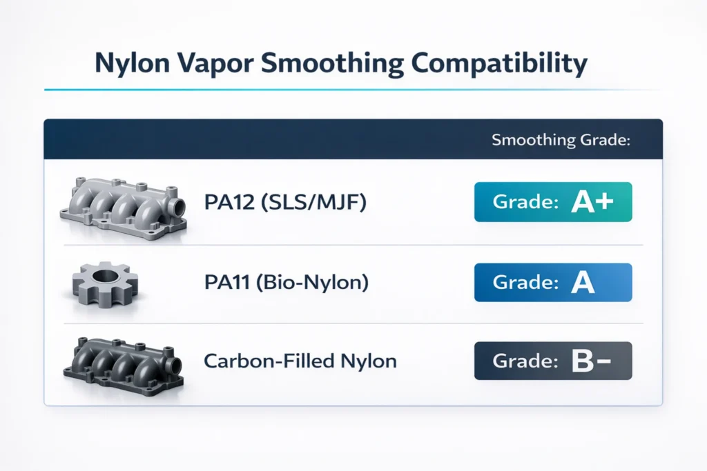 Infographic table showing vapor smoothing compatibility grades for PA12, PA11, and Carbon-Filled Nylon materials
