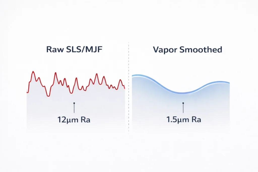 echnical diagram comparing surface roughness (Ra) of raw 3D printed nylon at 12 micrometers versus vapor smoothed nylon at 1.5 micrometers.