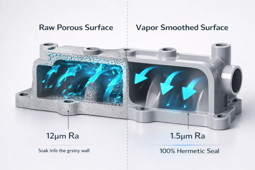 Technical 3D cutaway showing how vapor smoothing seals porous nylon 3D prints to create a watertight and airtight fluid barrier.