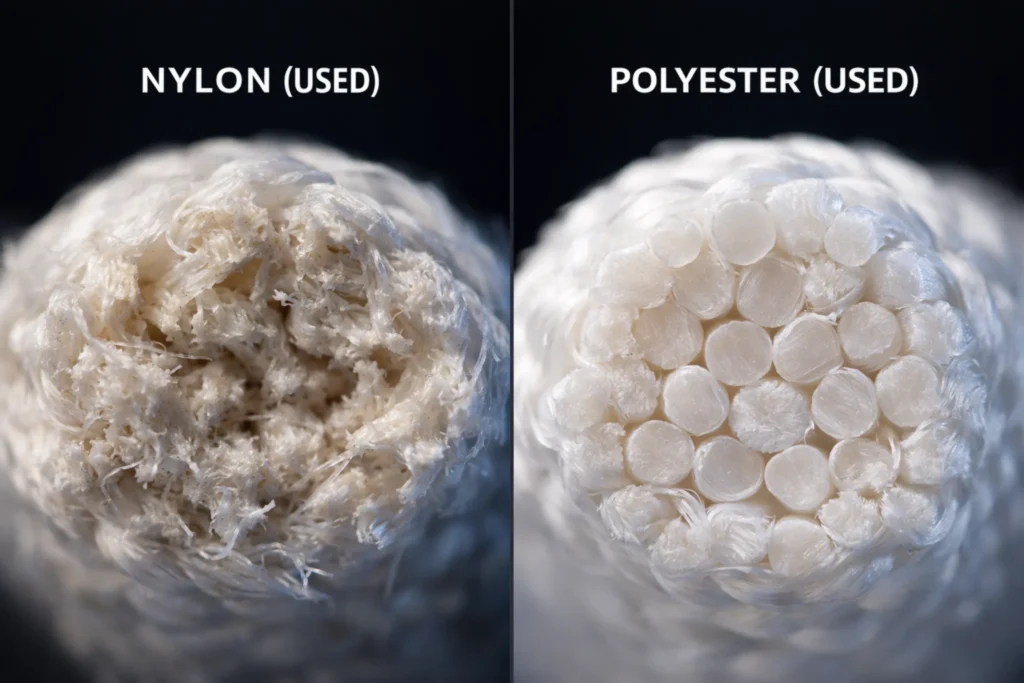 Nylon vs polyester rope cross-section shows nylon internal wear and polyester fiber stability.
