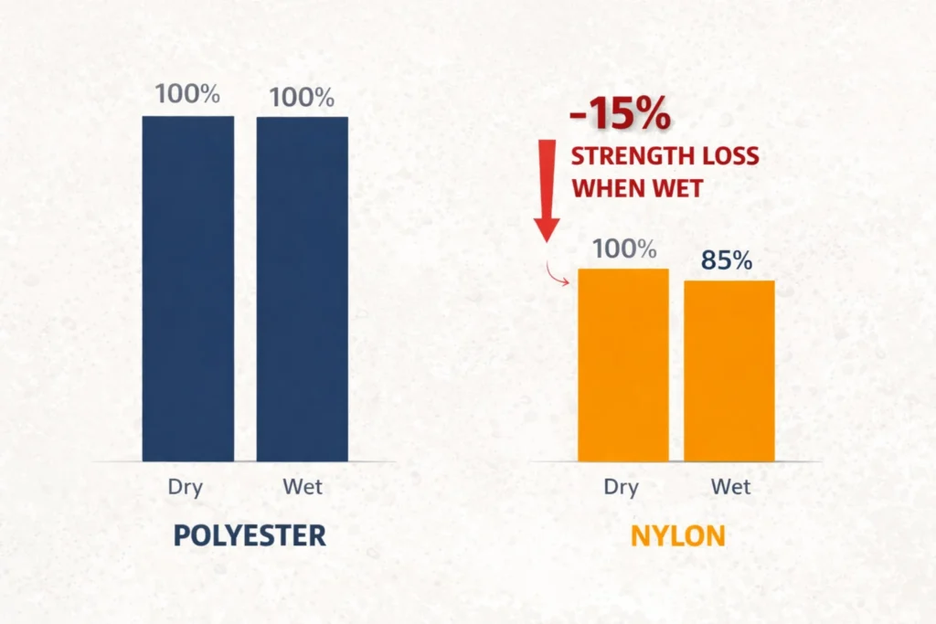 Nylon vs polyester rope chart showing nylon loses 15% strength when wet while polyester stays stable.